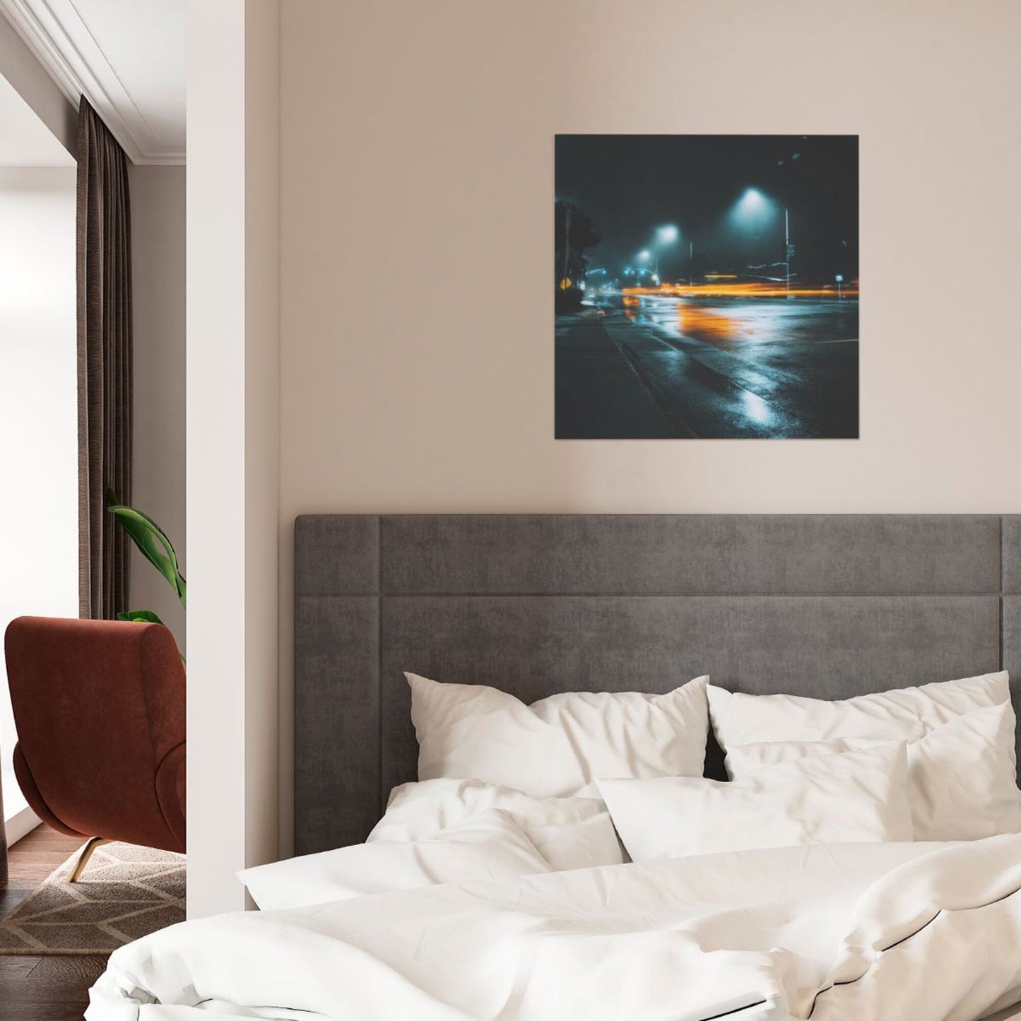Night Street Reflections Artistic Square Canvas Wall Art 40×40cm Unframed Decorative Fabric Painting