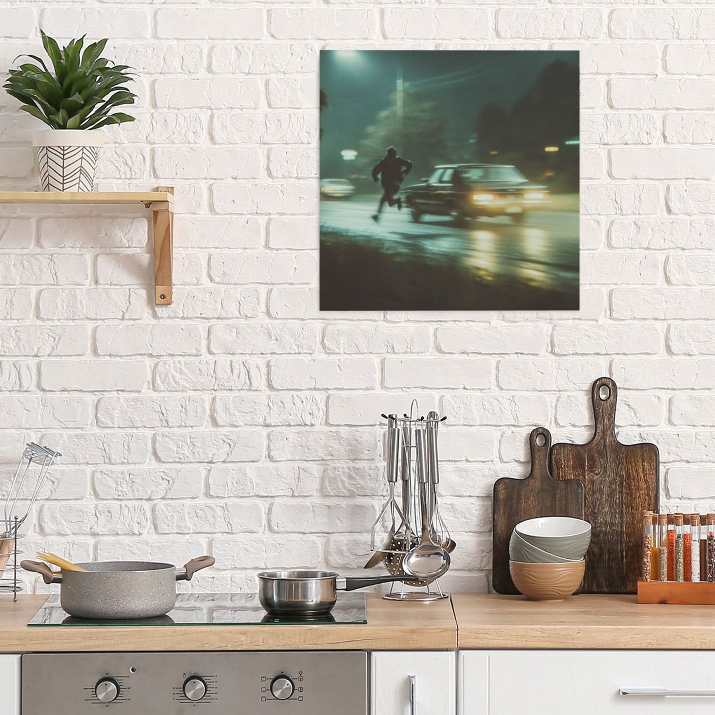 Rainy Night Run Urban Artistic Square Canvas Wall Art 40×40cm Unframed Decorative Fabric Painting