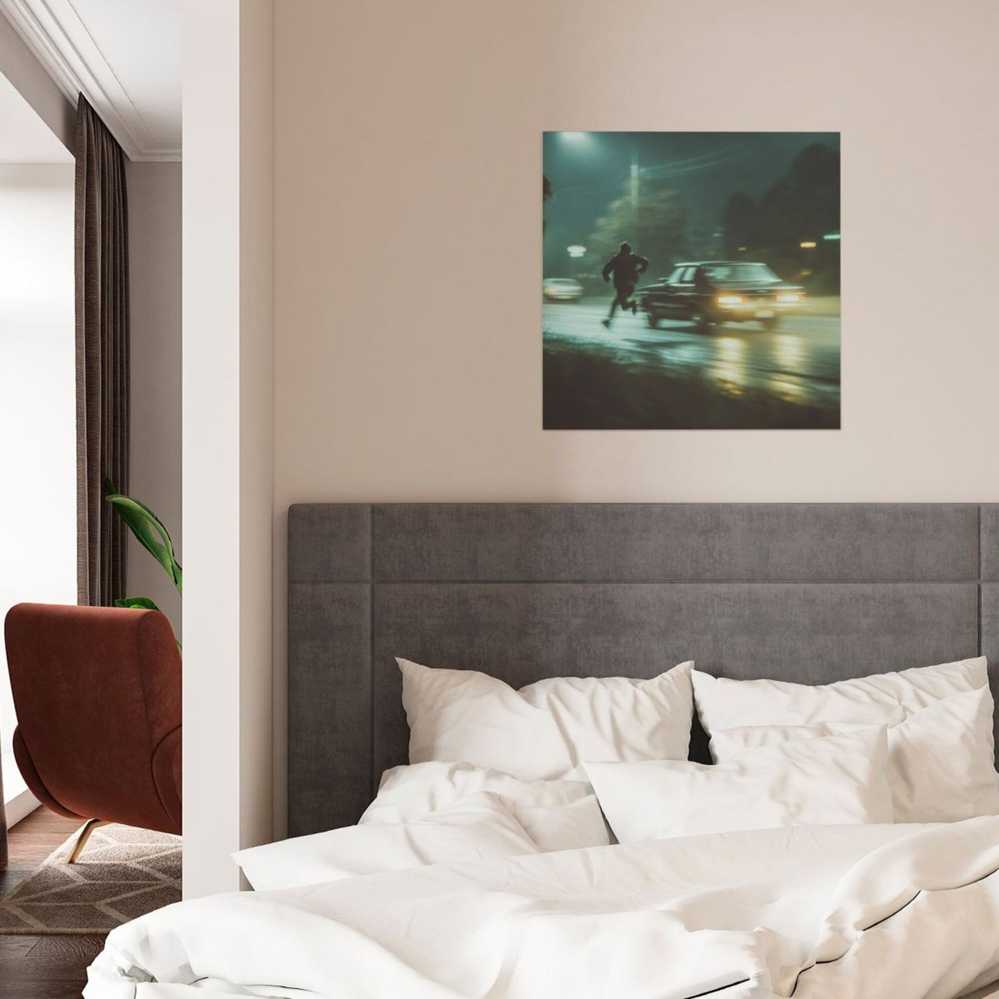 Rainy Night Run Urban Artistic Square Canvas Wall Art 40×40cm Unframed Decorative Fabric Painting