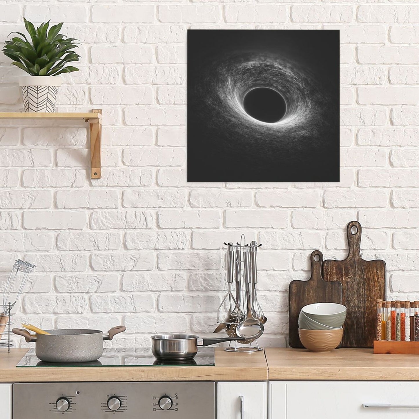 Black & White Cosmic Black Hole Artistic Square Canvas Wall Art 40×40cm Unframed Decorative Fabric Painting