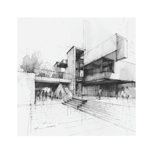 Modern Architectural Sketch Square Canvas Wall Art 40×40cm Black & White Minimalist Unframed Decorative Painting