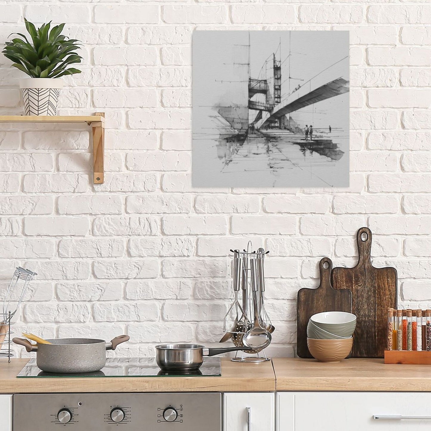 Modern Bridge Sketch Square Canvas Wall Art 40×40cm Black & White Minimalist Unframed Decorative Painting