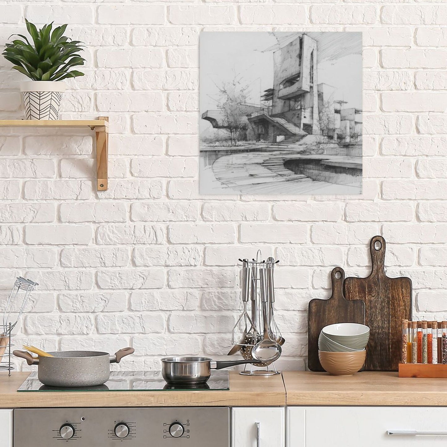 Modern Architecture Sketch Square Canvas Wall Art 40×40cm Black & White Minimalist Unframed Decorative Painting