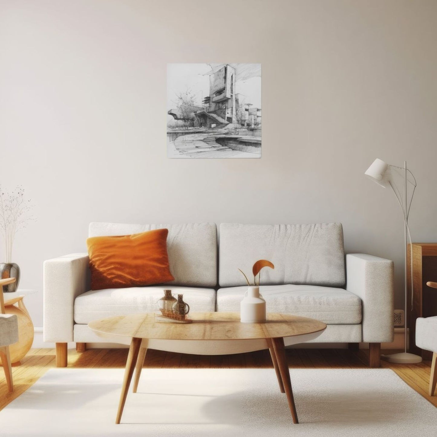 Modern Architecture Sketch Square Canvas Wall Art 40×40cm Black & White Minimalist Unframed Decorative Painting