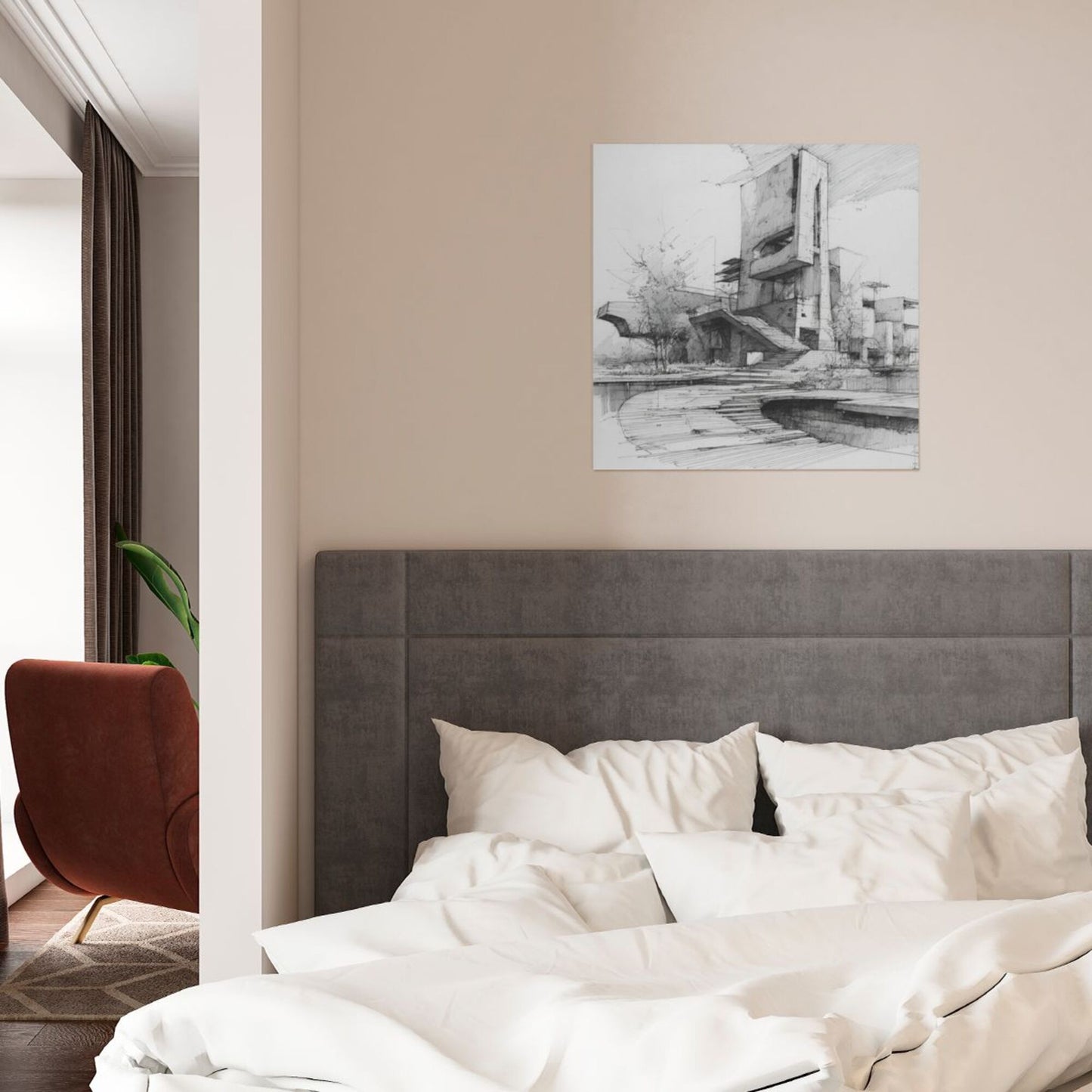 Modern Architecture Sketch Square Canvas Wall Art 40×40cm Black & White Minimalist Unframed Decorative Painting