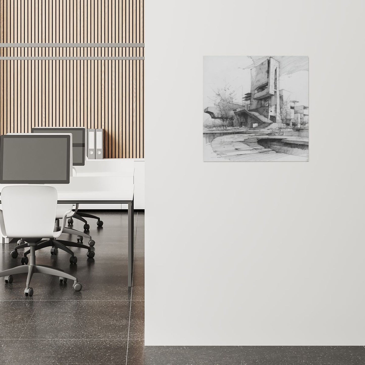 Modern Architecture Sketch Square Canvas Wall Art 40×40cm Black & White Minimalist Unframed Decorative Painting