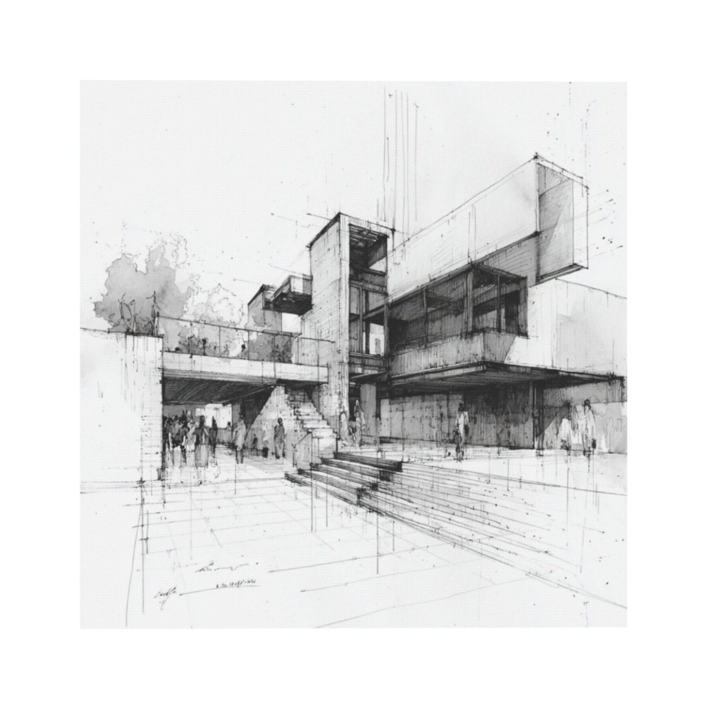 Modern Architectural Sketch Square Canvas Wall Art 40×40cm Black & White Minimalist Unframed Decorative Painting