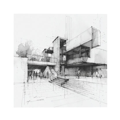 Modern Architectural Sketch Square Canvas Wall Art 40×40cm Black & White Minimalist Unframed Decorative Painting