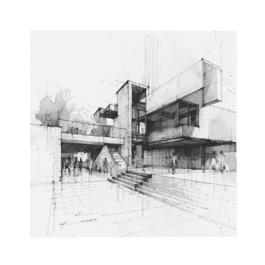 Modern Architectural Sketch Square Canvas Wall Art 40×40cm Black & White Minimalist Unframed Decorative Painting