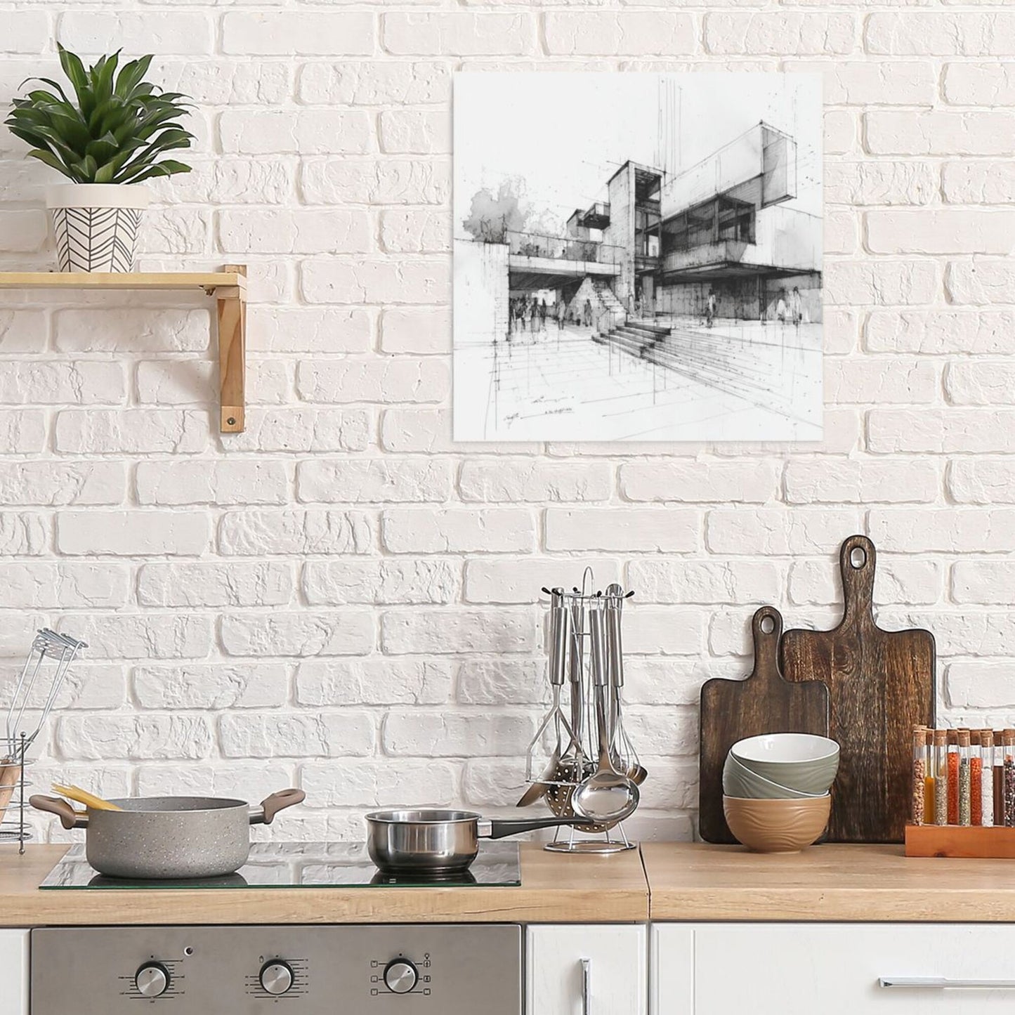 Modern Architectural Sketch Square Canvas Wall Art 40×40cm Black & White Minimalist Unframed Decorative Painting