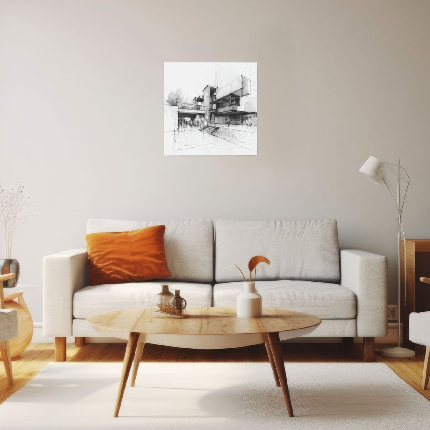 Modern Architectural Sketch Square Canvas Wall Art 40×40cm Black & White Minimalist Unframed Decorative Painting