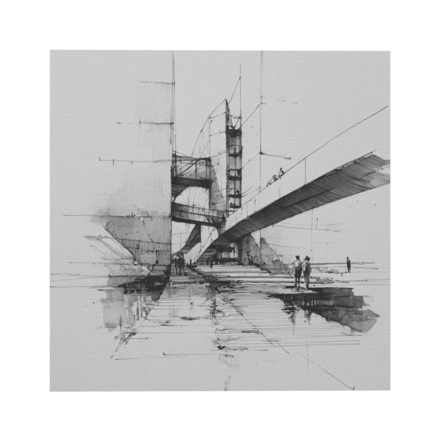 Modern Bridge Sketch Square Canvas Wall Art 40×40cm Black & White Minimalist Unframed Decorative Painting