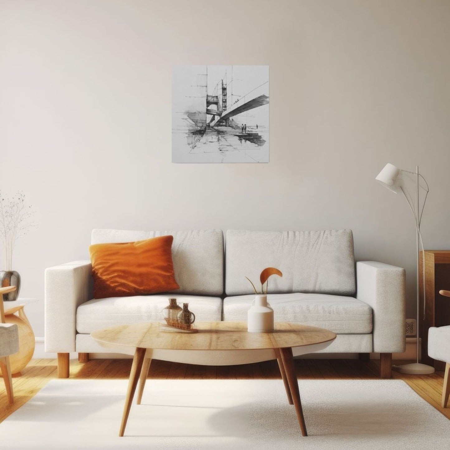 Modern Bridge Sketch Square Canvas Wall Art 40×40cm Black & White Minimalist Unframed Decorative Painting