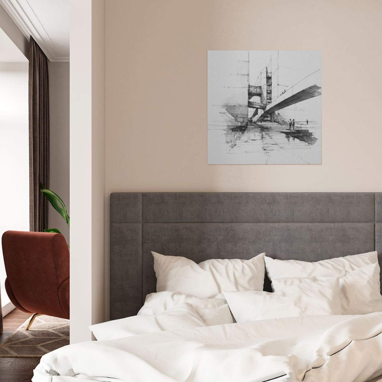 Modern Bridge Sketch Square Canvas Wall Art 40×40cm Black & White Minimalist Unframed Decorative Painting