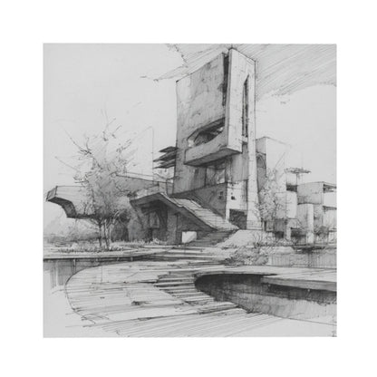 Modern Architecture Sketch Square Canvas Wall Art 40×40cm Black & White Minimalist Unframed Decorative Painting