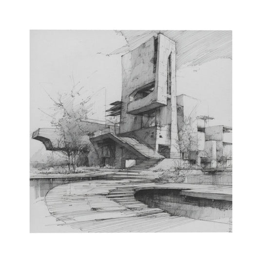 Modern Architecture Sketch Square Canvas Wall Art 40×40cm Black & White Minimalist Unframed Decorative Painting