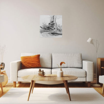 Modern Architecture Sketch Square Canvas Wall Art 40×40cm Black & White Minimalist Unframed Decorative Painting